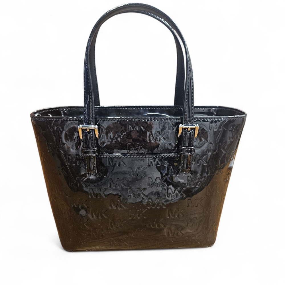 Michael Kors Jet Set Small Metallic Logo Debossed Convertible Tote Bag Black - Picture 2 of 14
